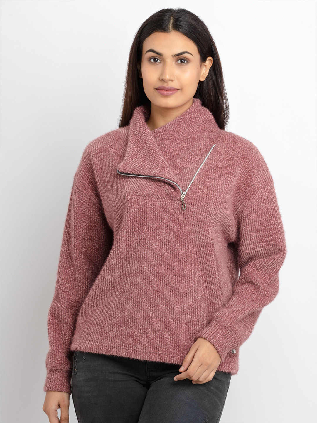

Status Quo Women Brown High Neck Sweatshirt With Zipper