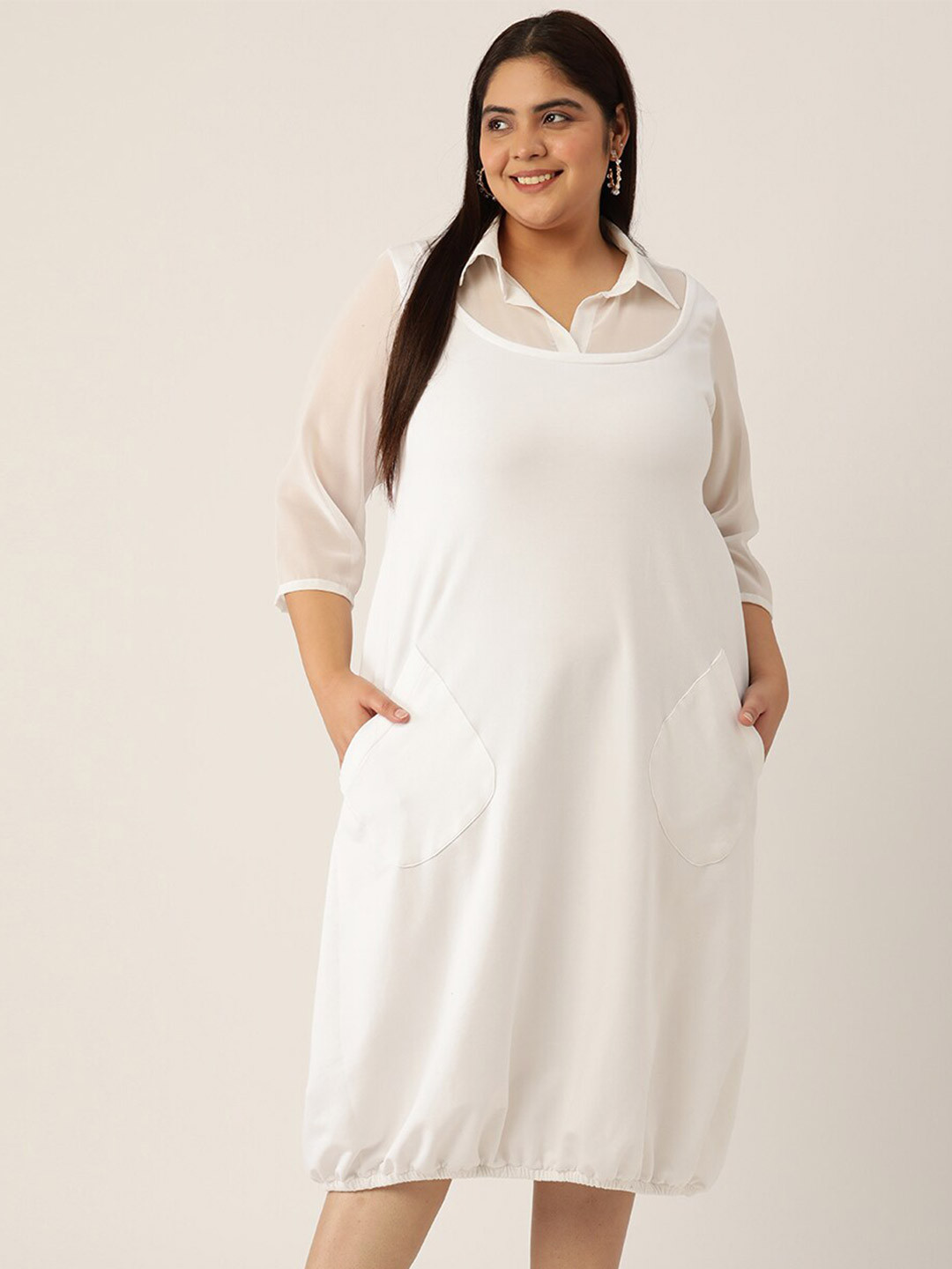 

theRebelinme Women Plus Size White A-Line Midi Dress