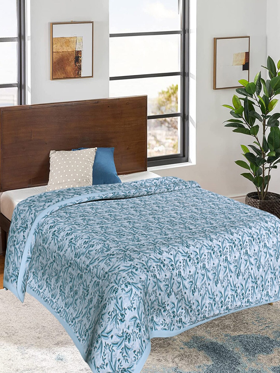 

Kuber Industries Blue & Grey Floral AC Room 300 GSM Double Bed Blanket