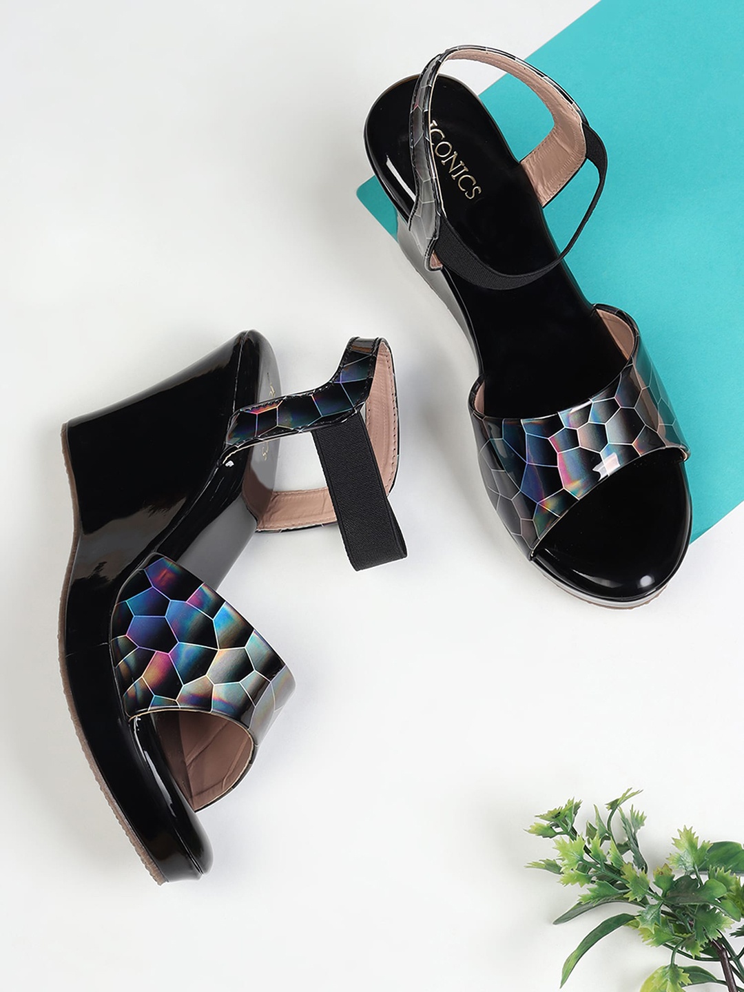 

ICONICS Black Printed Wedge Heels