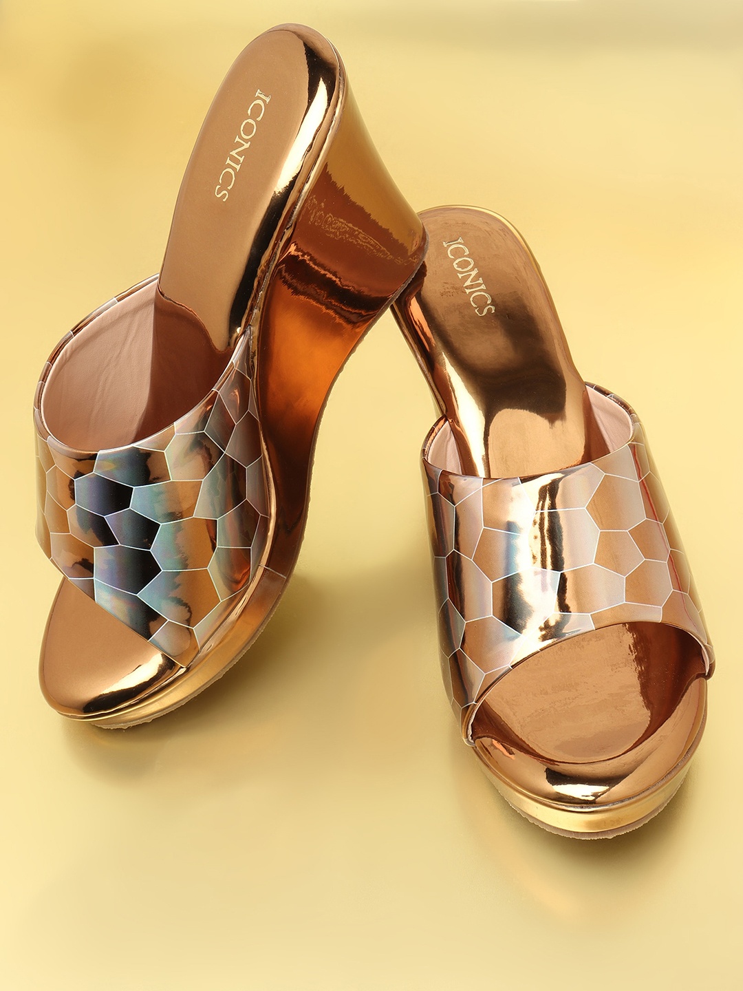 

ICONICS Gold-Toned Printed Party Wedge Heels