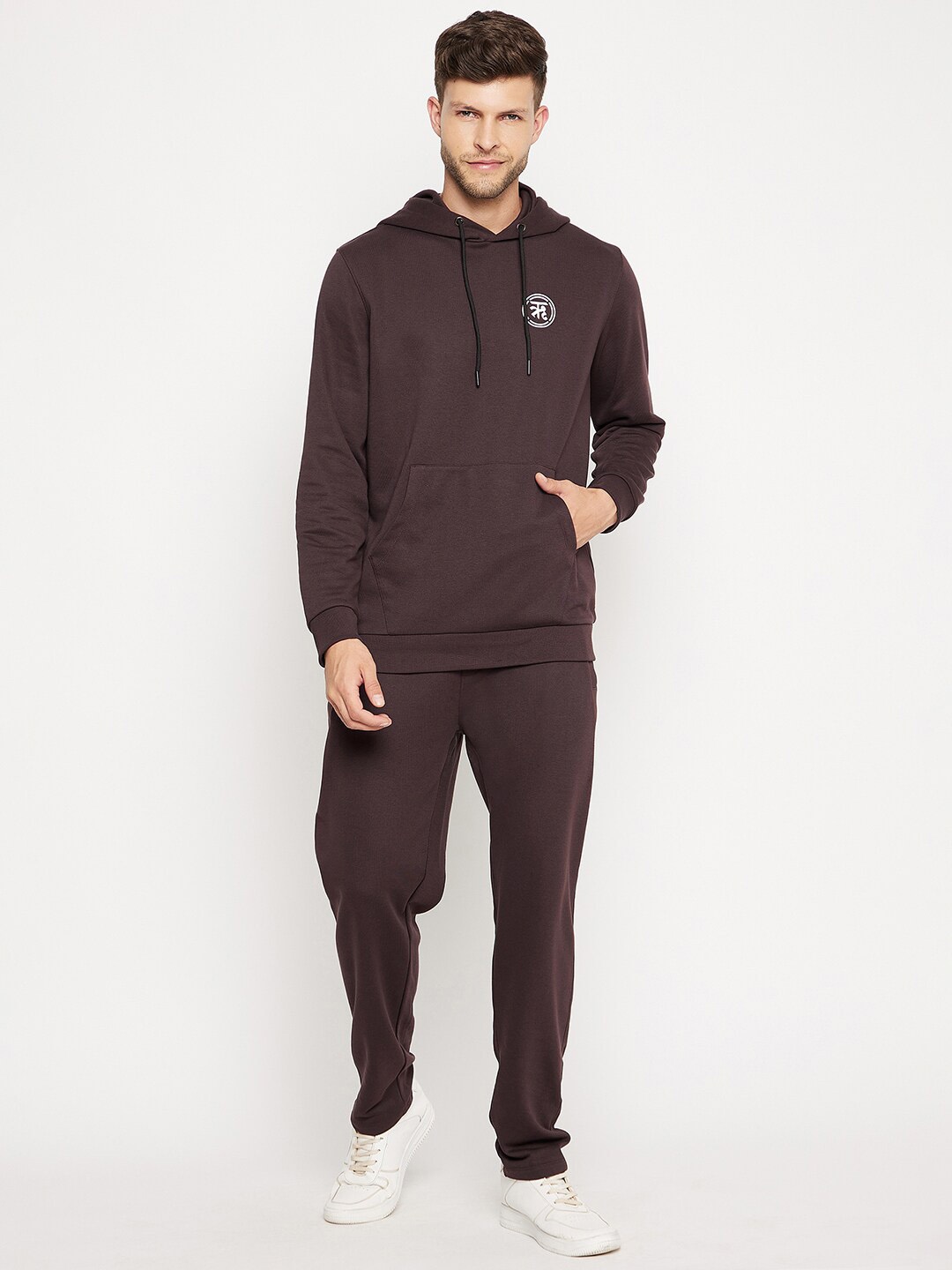 

EDRIO Men Coffee Brown Solid Cotton Blend Hooded Tracksuits