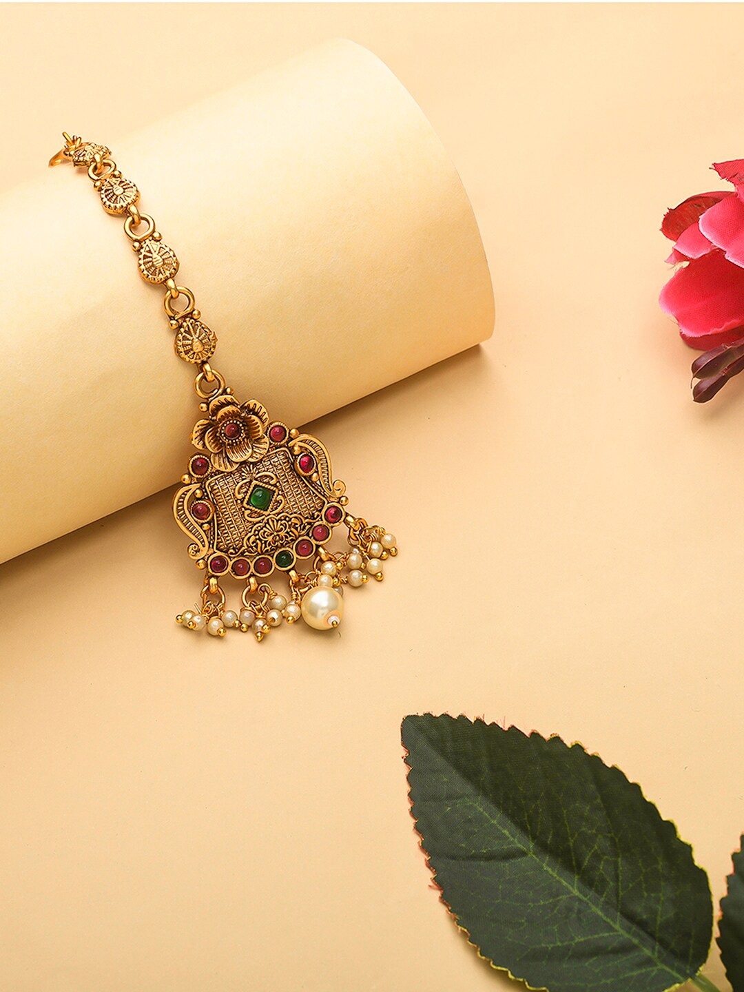 

Voylla Gold-Plated Faux Pearls and Kundan Adorned Brass Maang Tika