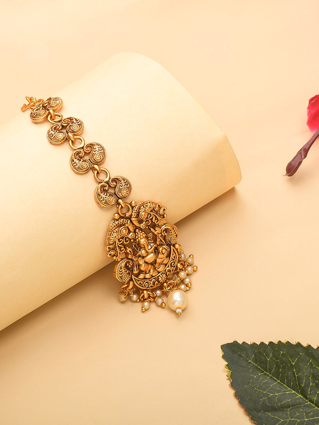 

Voylla Gold-Plated Faux Pearls Beaded Brass Maang Tika