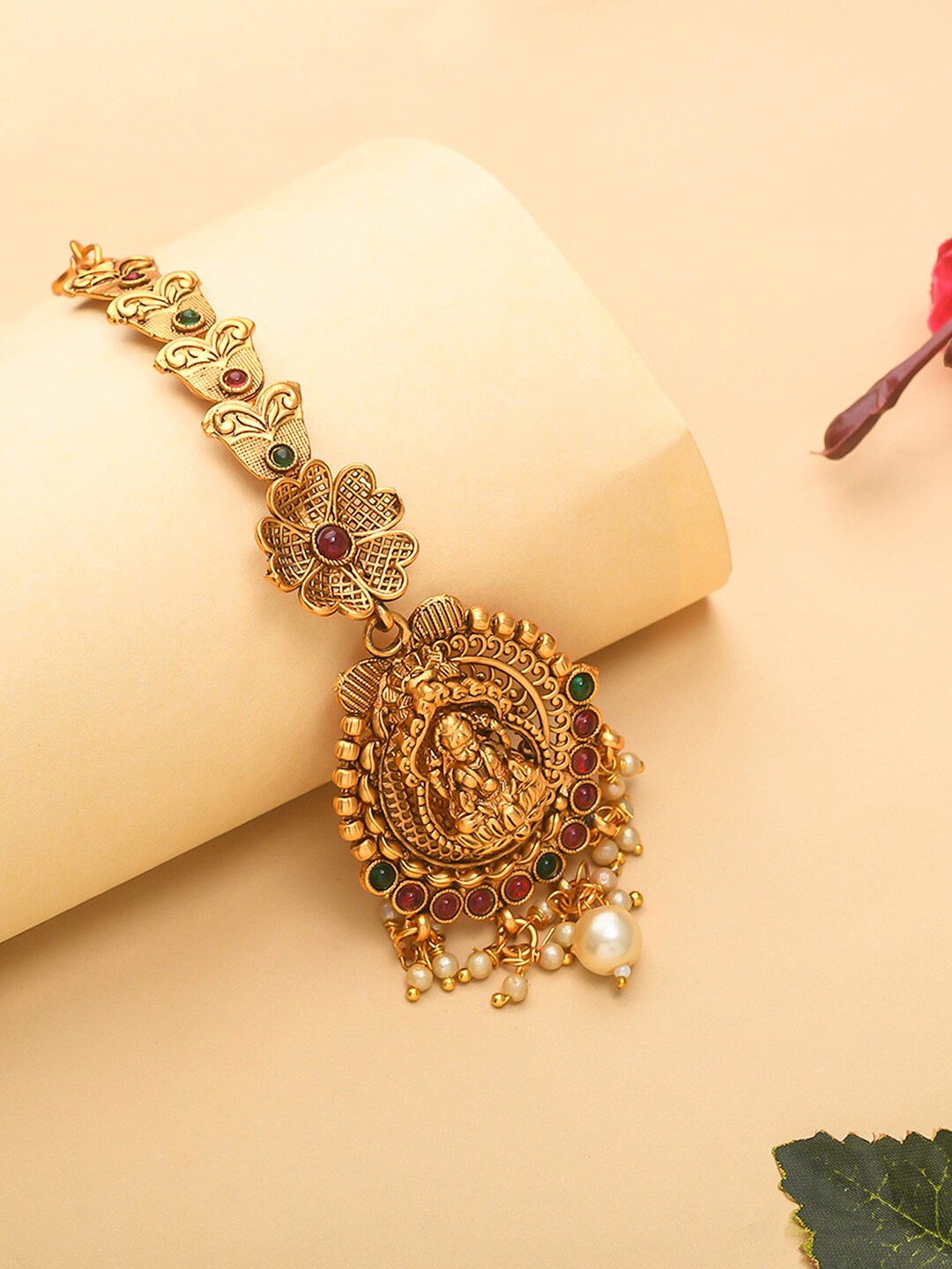 

Voylla Gold-Plated & Pink & Green Artificial Stones and Beads Studded Maangtika