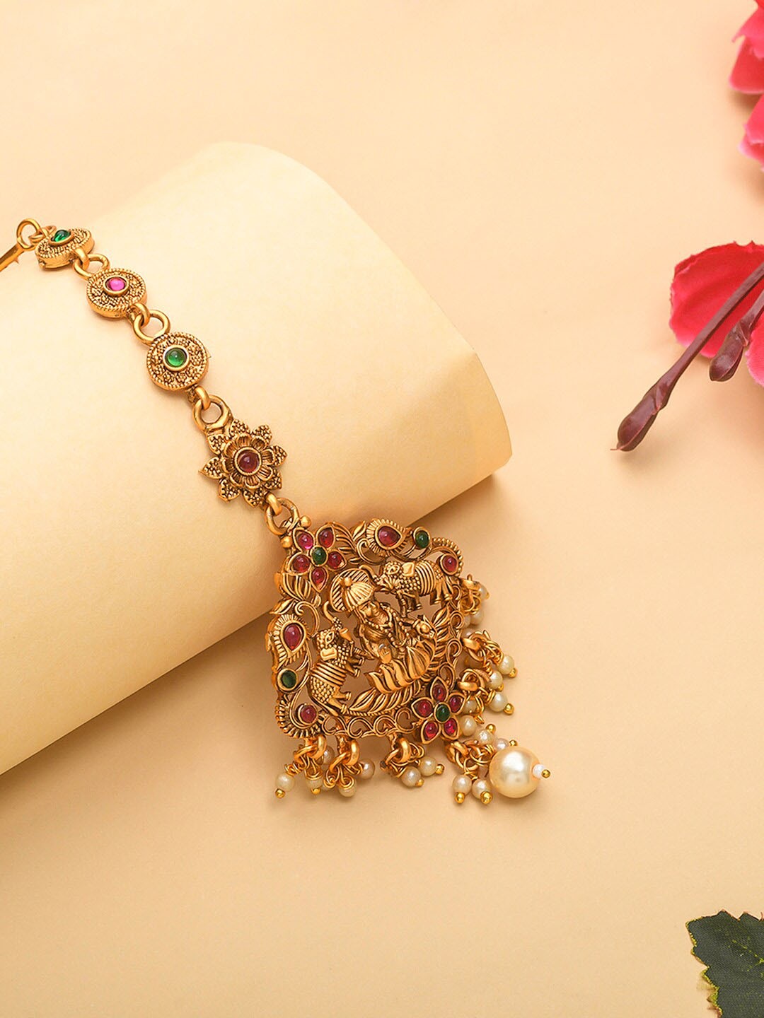 

Voylla Yellow Gold-Plated Red & Green CZ Stones & Pearls Studded Maangtika