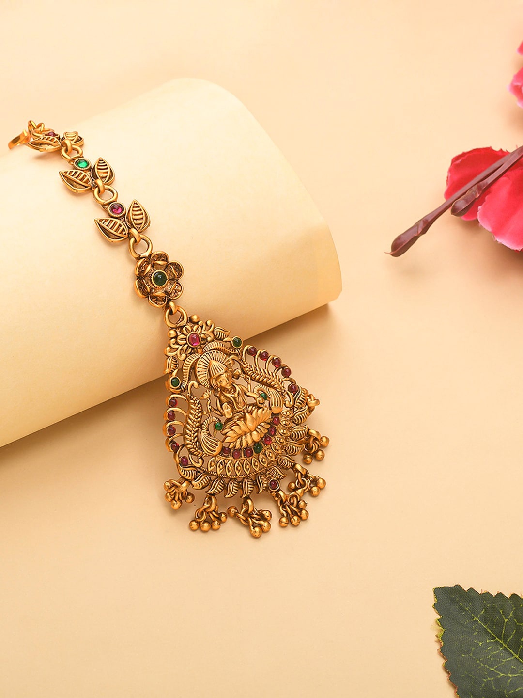 

Voylla Gold-Plated Red & Pink Kundan Maang Tikka