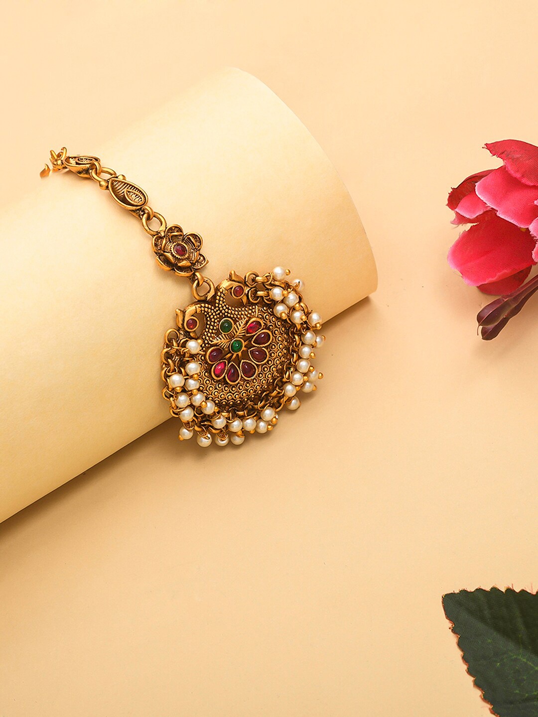 

Voylla Gold-Plated Pink & Green Pearl-Studded Maangtika