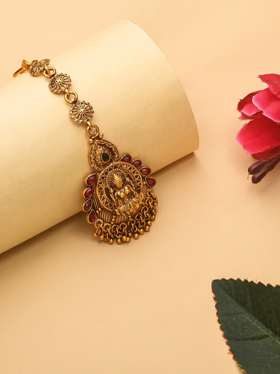 

Voylla Gold-Plated & Toned Pink & Green Artificial Stones and Beads Studded Maangtika