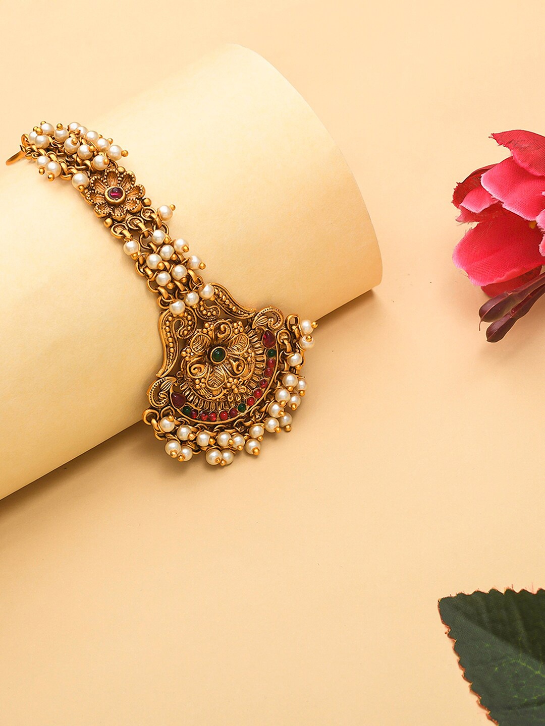 

Voylla Gold-Plated Green & Pink Stone-Studded & Faux Pearls-Beaded Maang Tikka