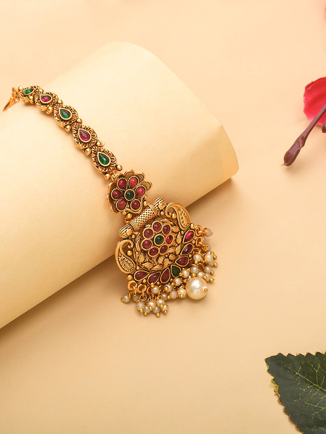 

Voylla Gold-Plated Green & Pink Kundan Studded Maang Tika