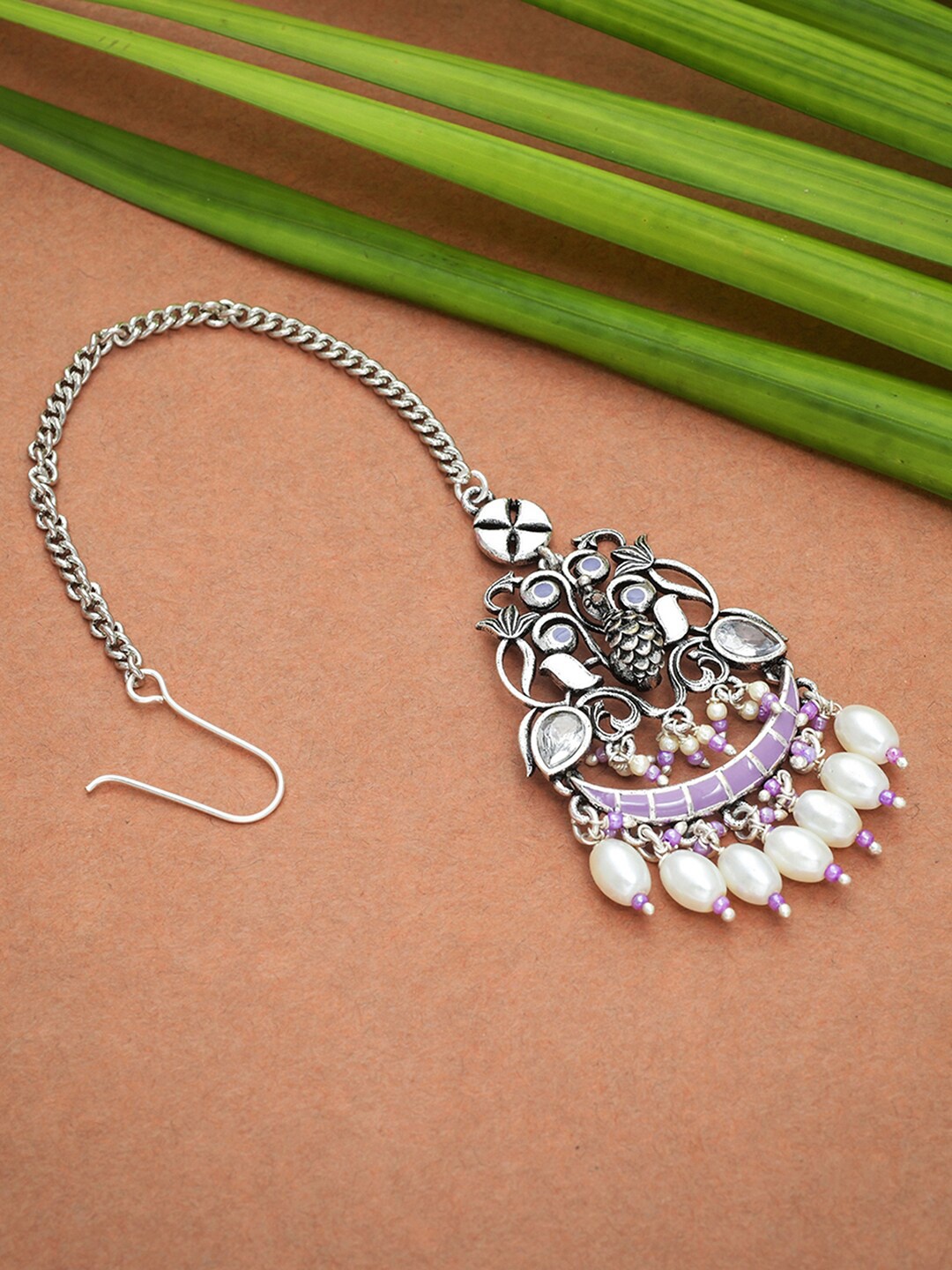 

Voylla Silver-Plated & Toned Purple & White Artificial Stones and Beads Studded Maangtika