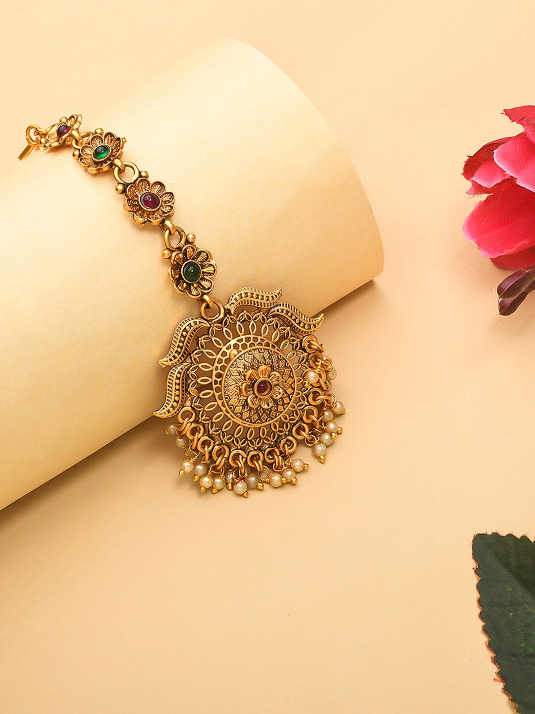 

Voylla Gold-Plated Pink & Green Pearl-Studded Maangtika
