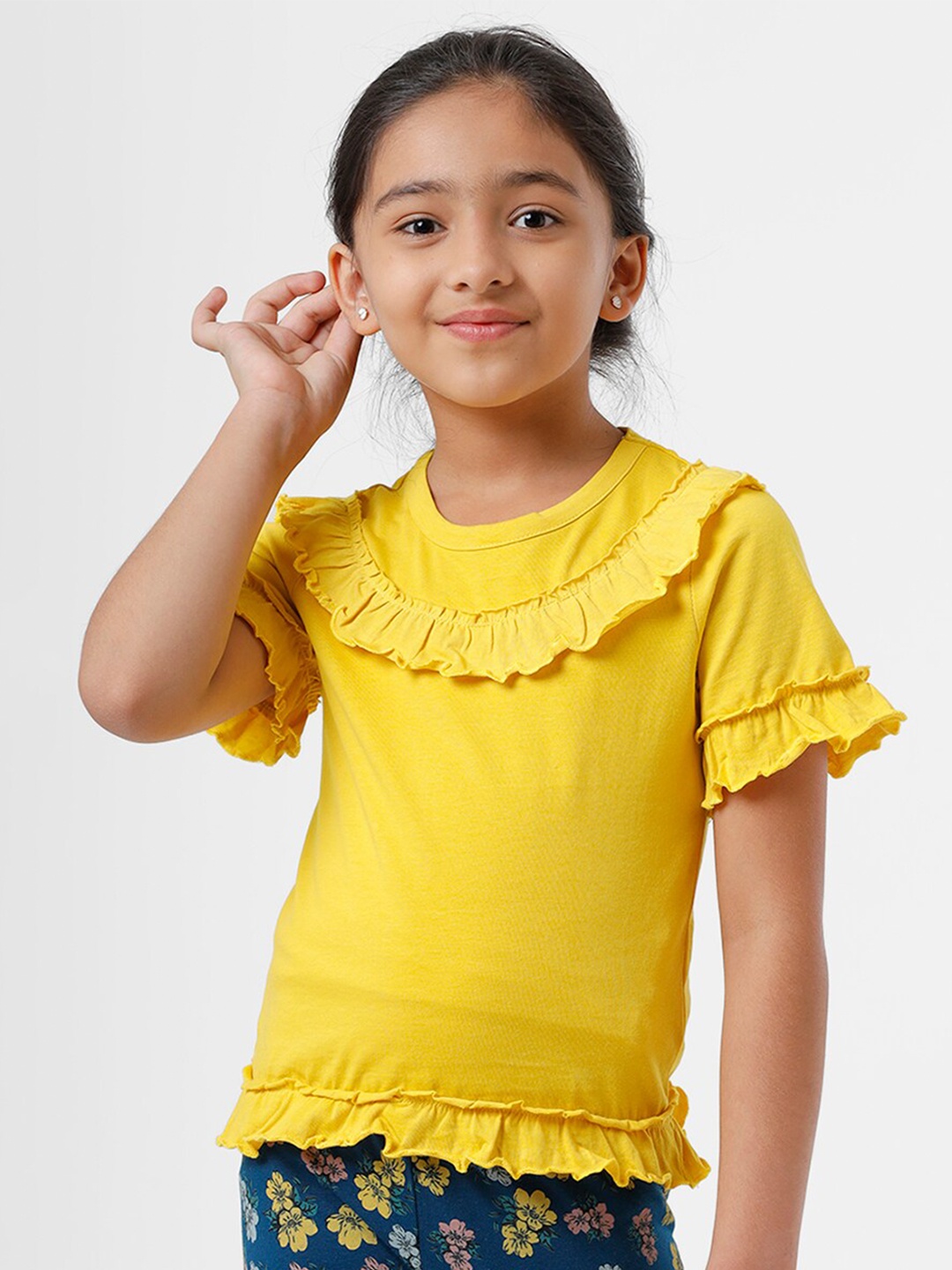 

De Moza Girls Mustard Yellow Solid Ruffles Cotton Blend Top