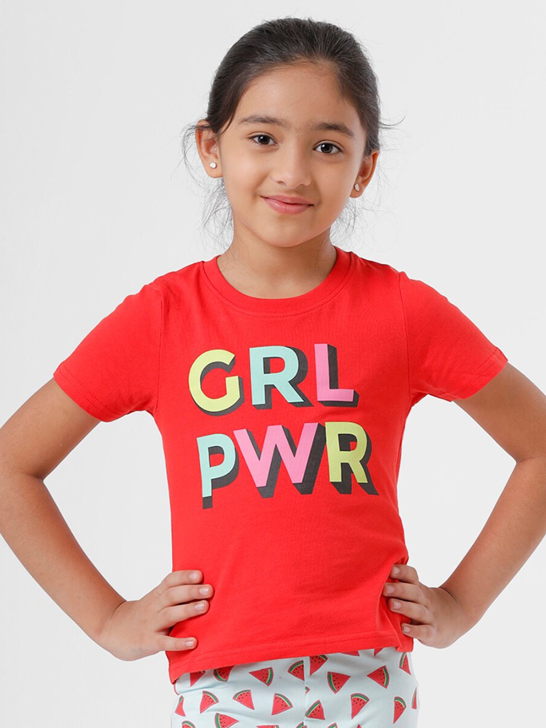 

De Moza Girls Red Typography Printed Cotton T-shirt