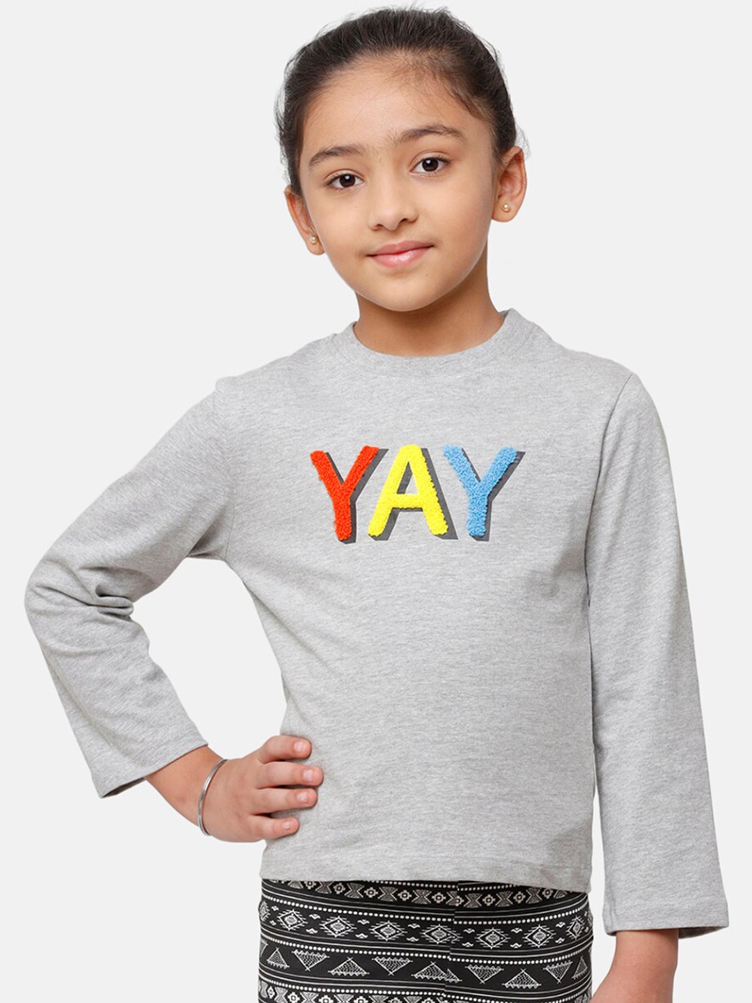 

De Moza Girls Grey Melange Printed Top