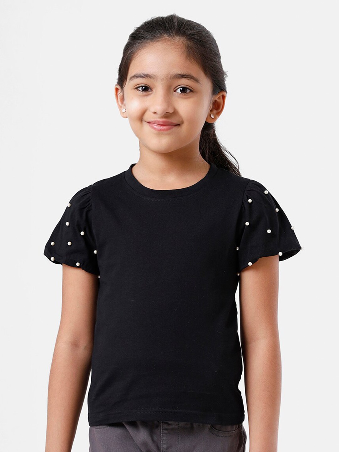 

De Moza Girls Solid Black Studded Top
