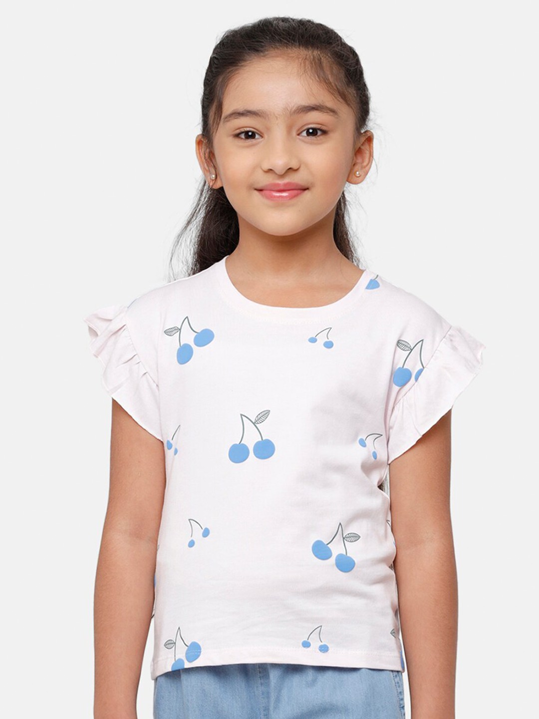 

De Moza Girls Off White & Blue Conversational Printed Top