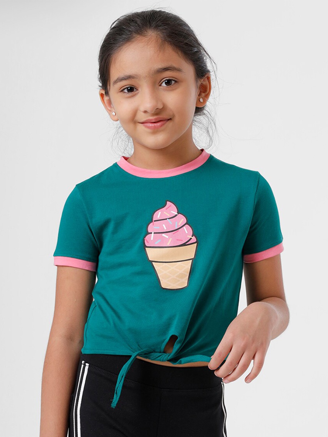 

De Moza Girls Green & Pink Printed Top