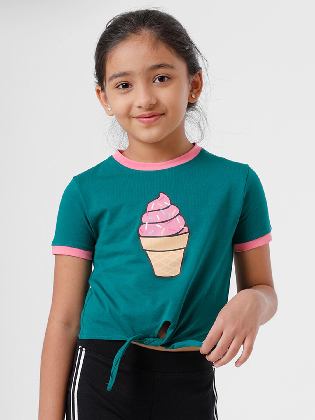 

De Moza Girls Teal & Pink Printed Round Neck Cotton T-shirt