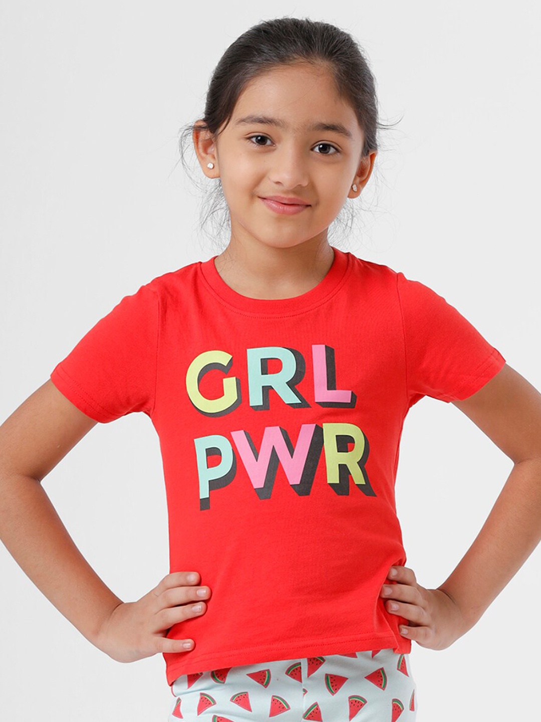 

De Moza Girls Red Typography Printed Cotton T-shirt
