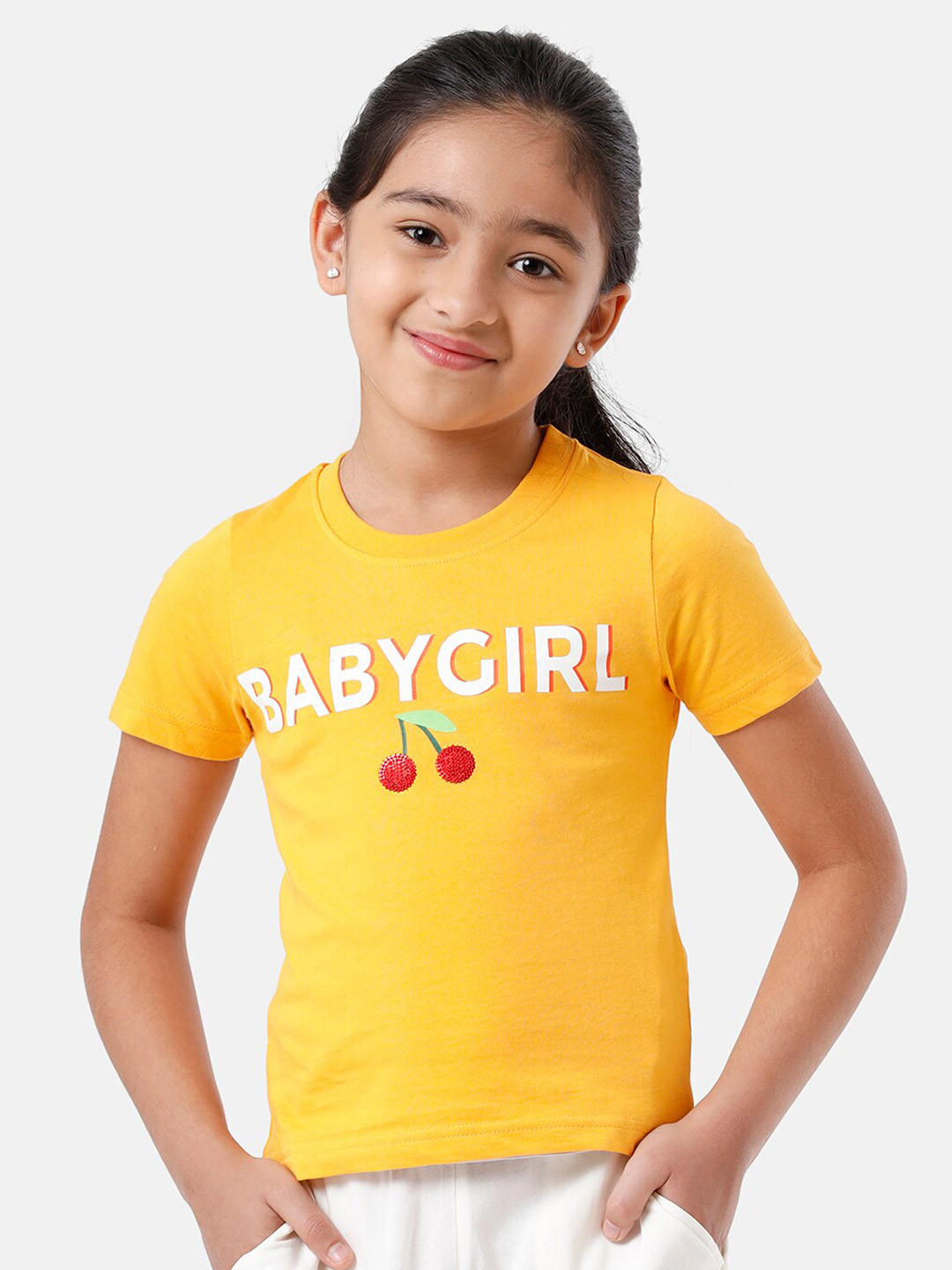 

De Moza Girls Yellow & White Typography Printed Top