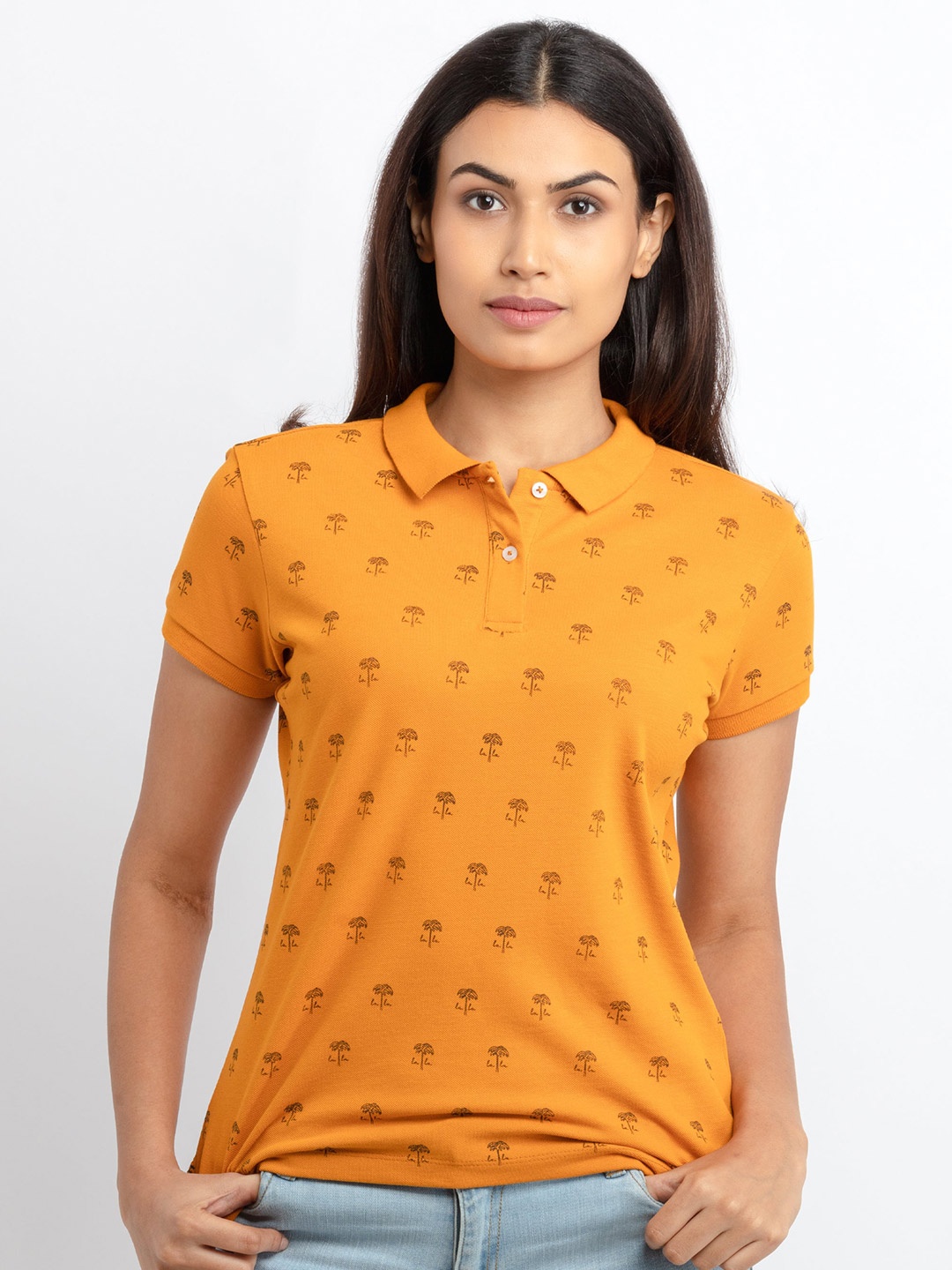 

Status Quo Women Mustard Yellow Floral Printed Polo Collar Tropical Cotton T-shirt