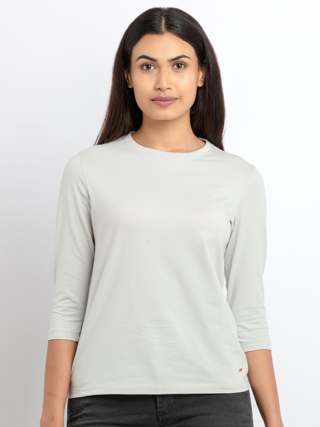 

Status Quo Women Grey Solid Cotton Round Neck T-shirt