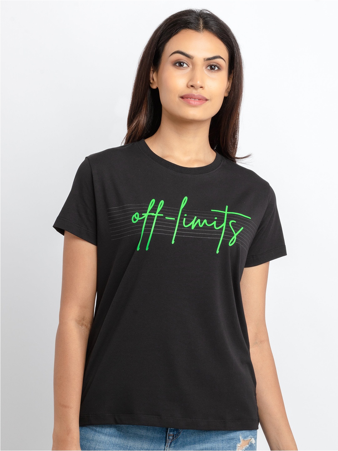 

Status Quo Women Black Typography Printed Cotton T-shirt