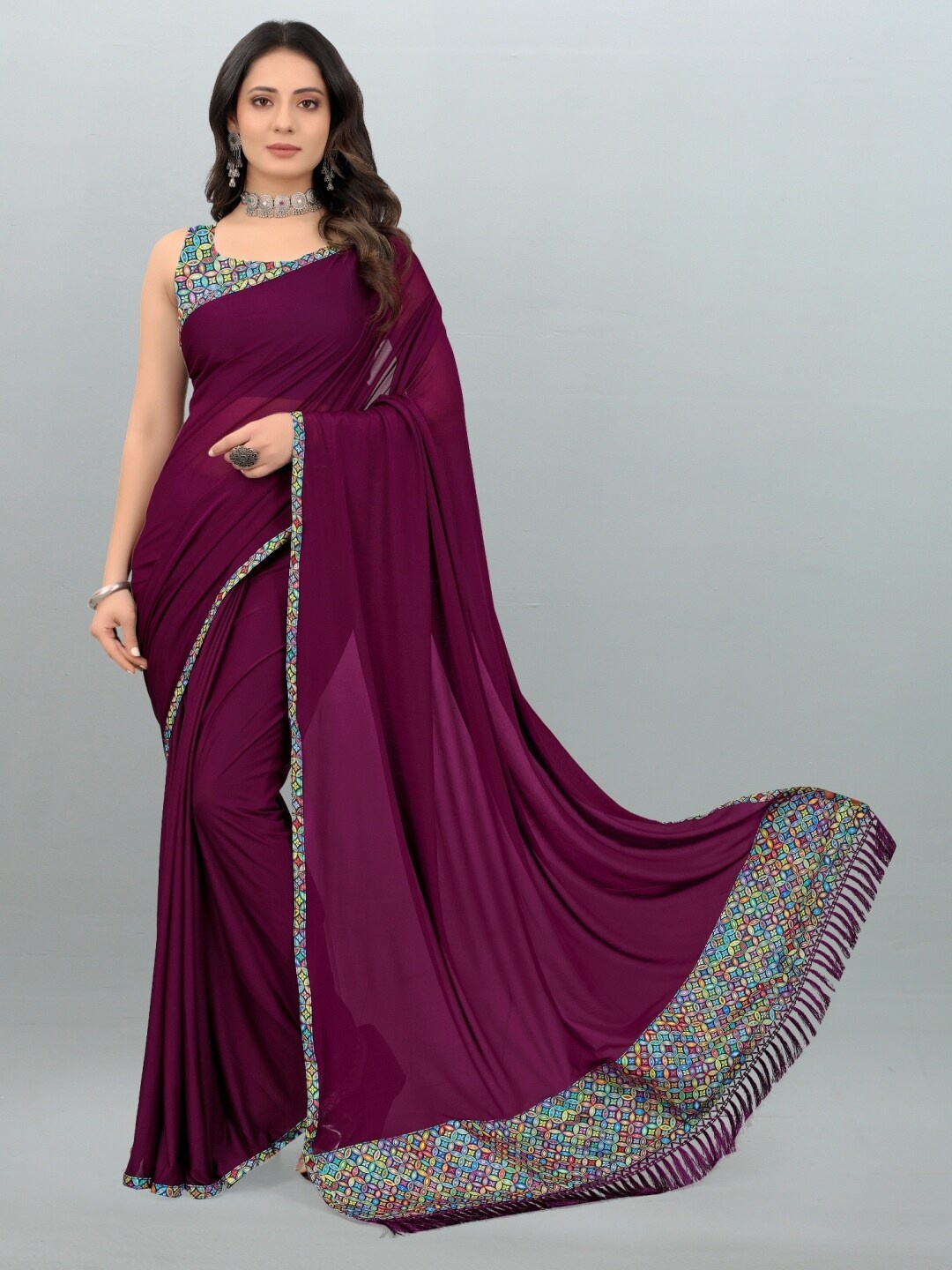 

APNISHA Purple & Blue Solid Digital Print Border Saree