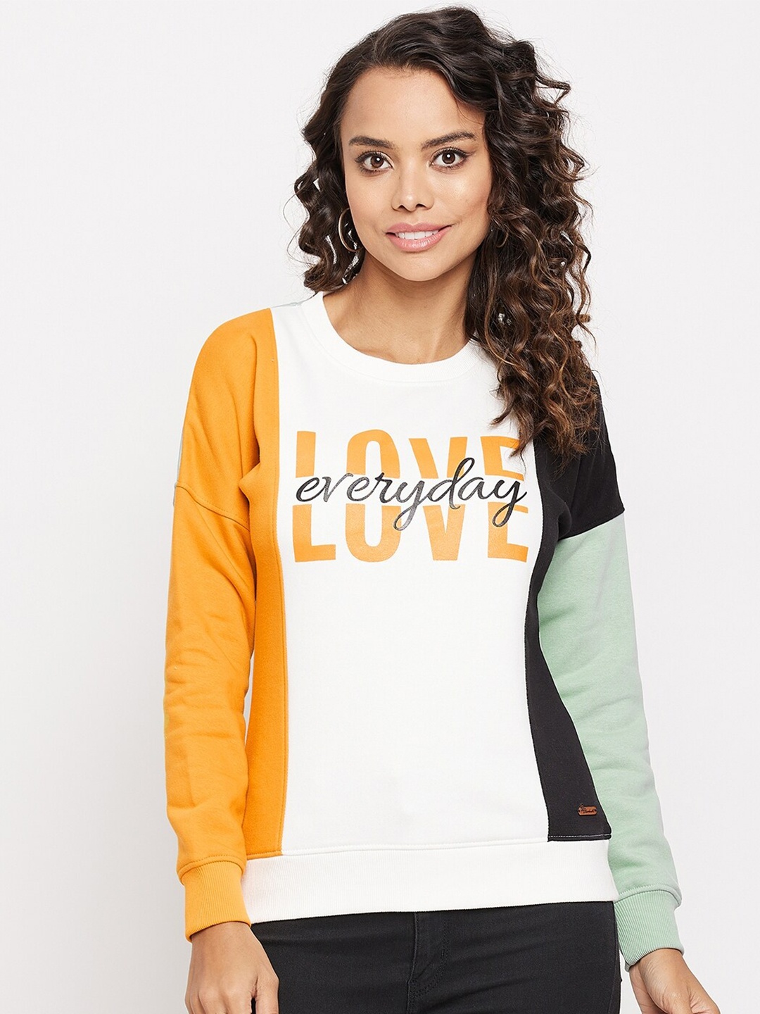 

Duke Women White & Mustard Yellow Colourblocked Sweatshirt