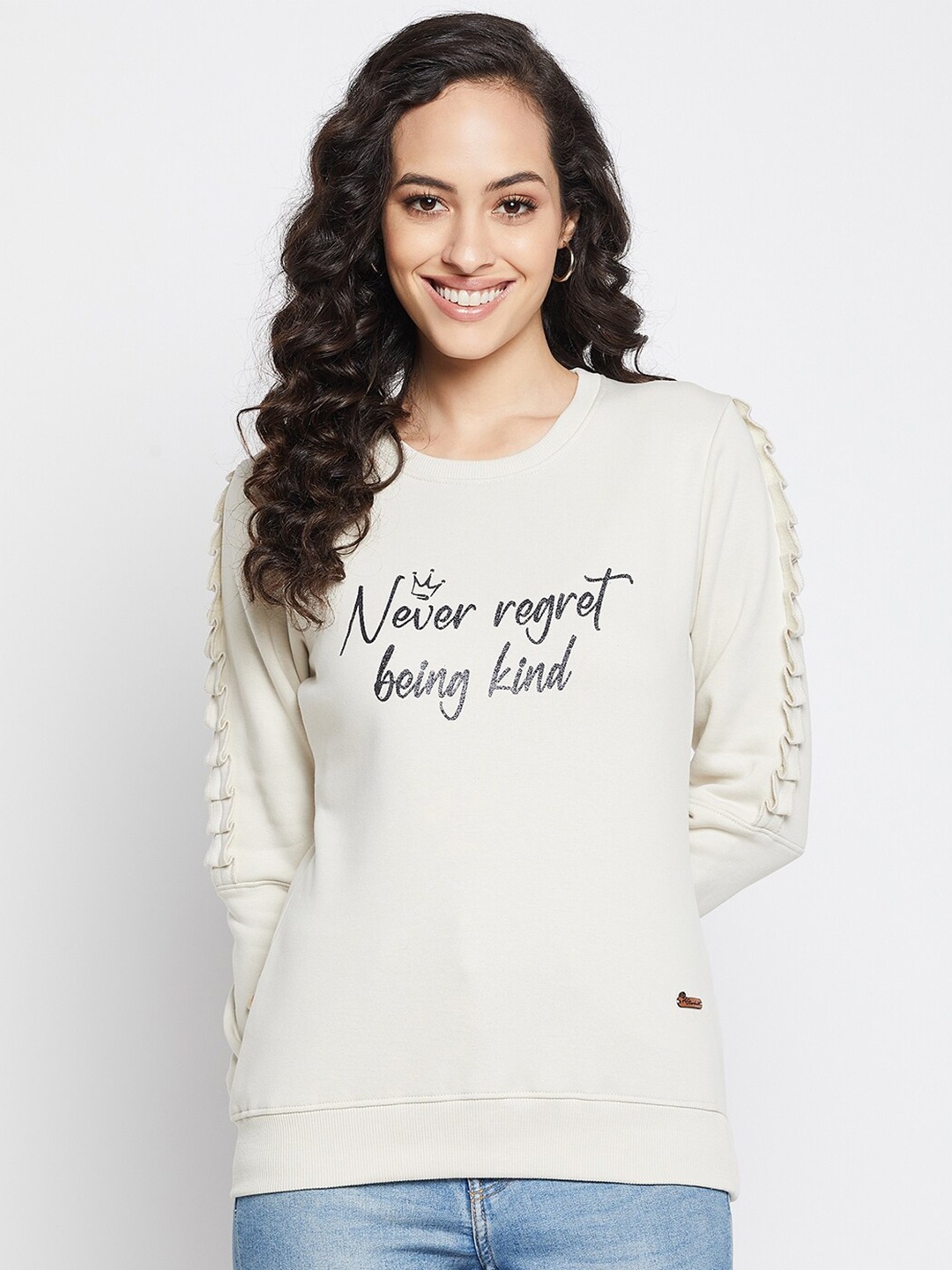 

Duke Women Cream-Coloured Typography Printed Fleece Sweatshirt