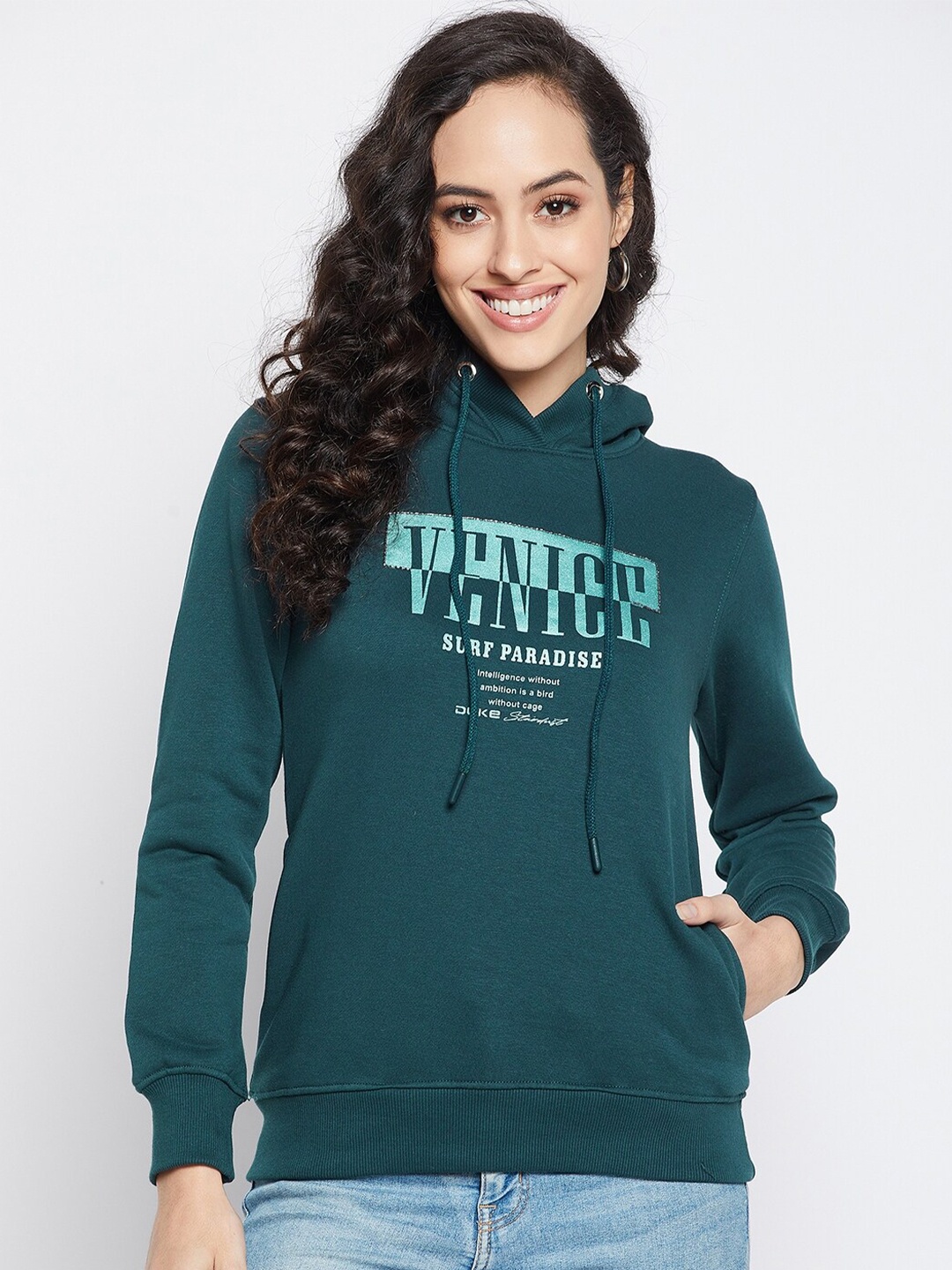 

Duke Women Green Printed Hooded Sweatshirt