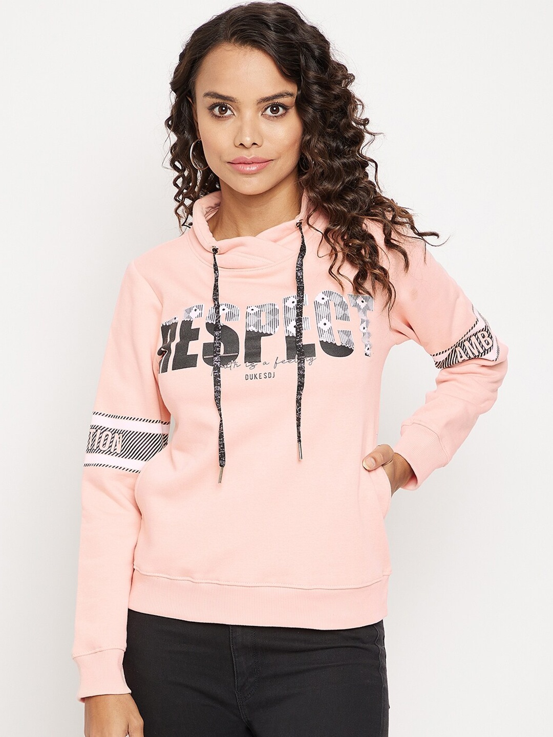 

Duke Women Peach-Coloured Printed Hooded Sweatshirt