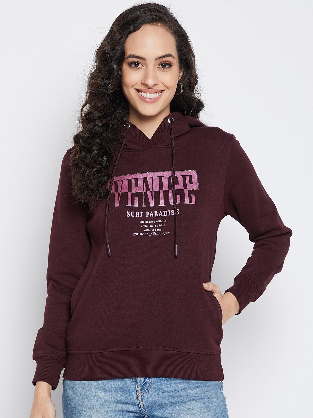 

Duke Women Maroon Printed Hooded Sweatshirt