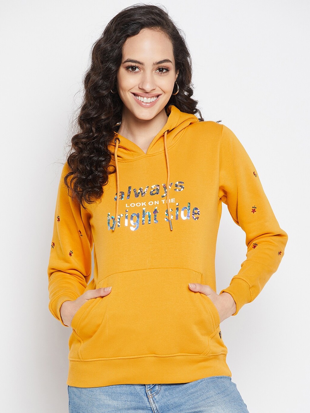 

Duke Women Mustard Yellow Typography Printed Hooded Fleece Sweatshirt