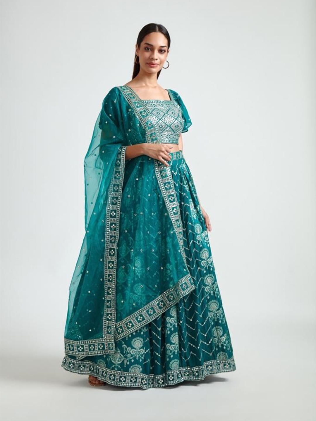 

Neerus Women Sea Green & Silver-Toned Lehenga & Blouse With Dupatta