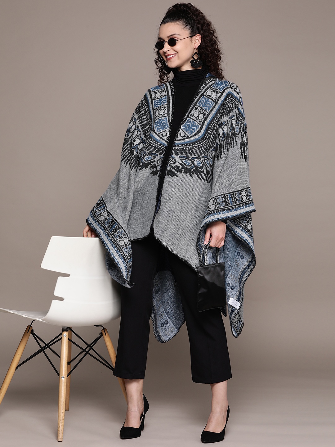 

aarke Ritu Kumar Ethnic Motifs Print Kaftan Style Acrylic Longline Shrug, Grey