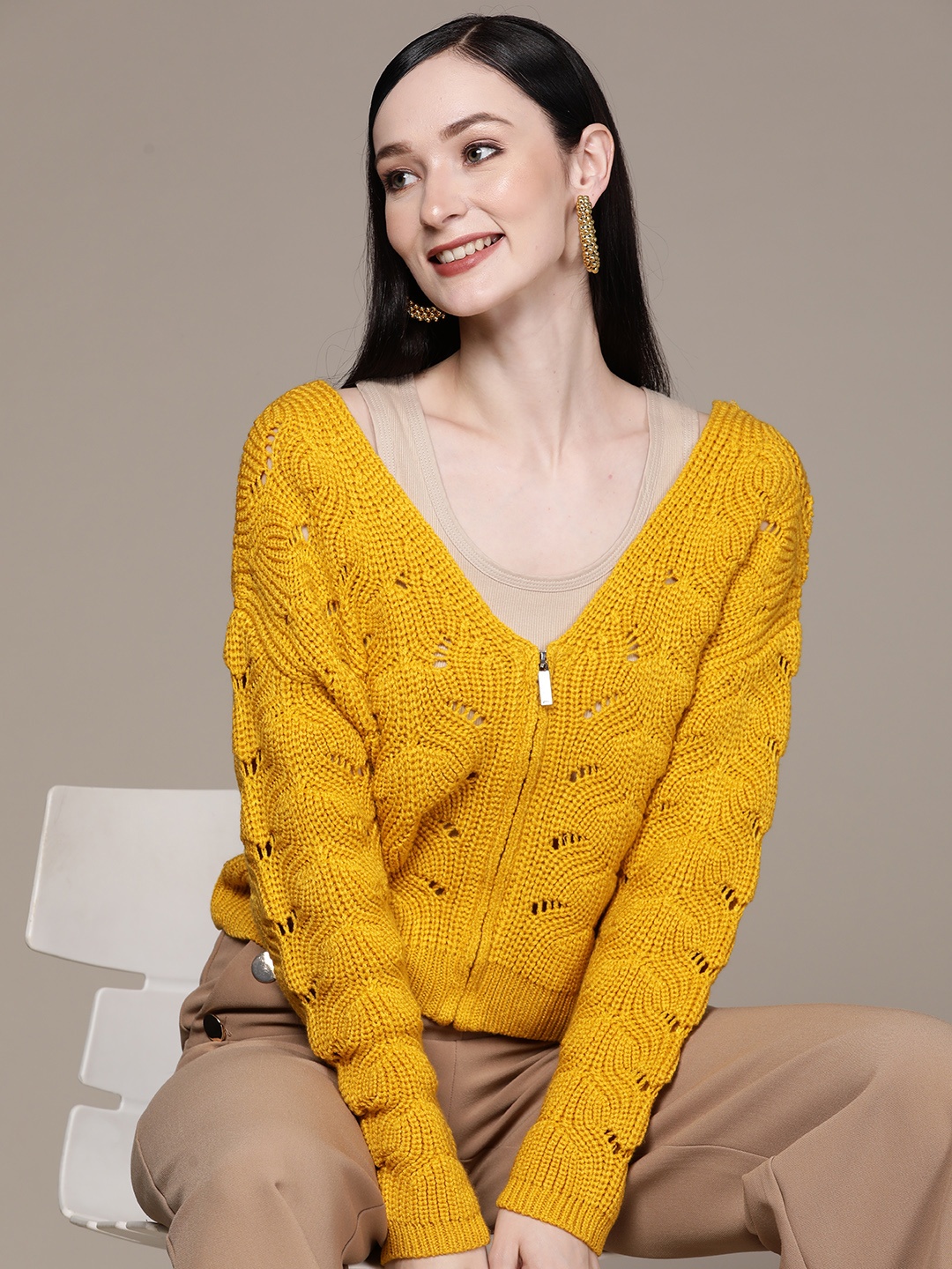 

aarke Ritu Kumar Women Yellow Cardigan