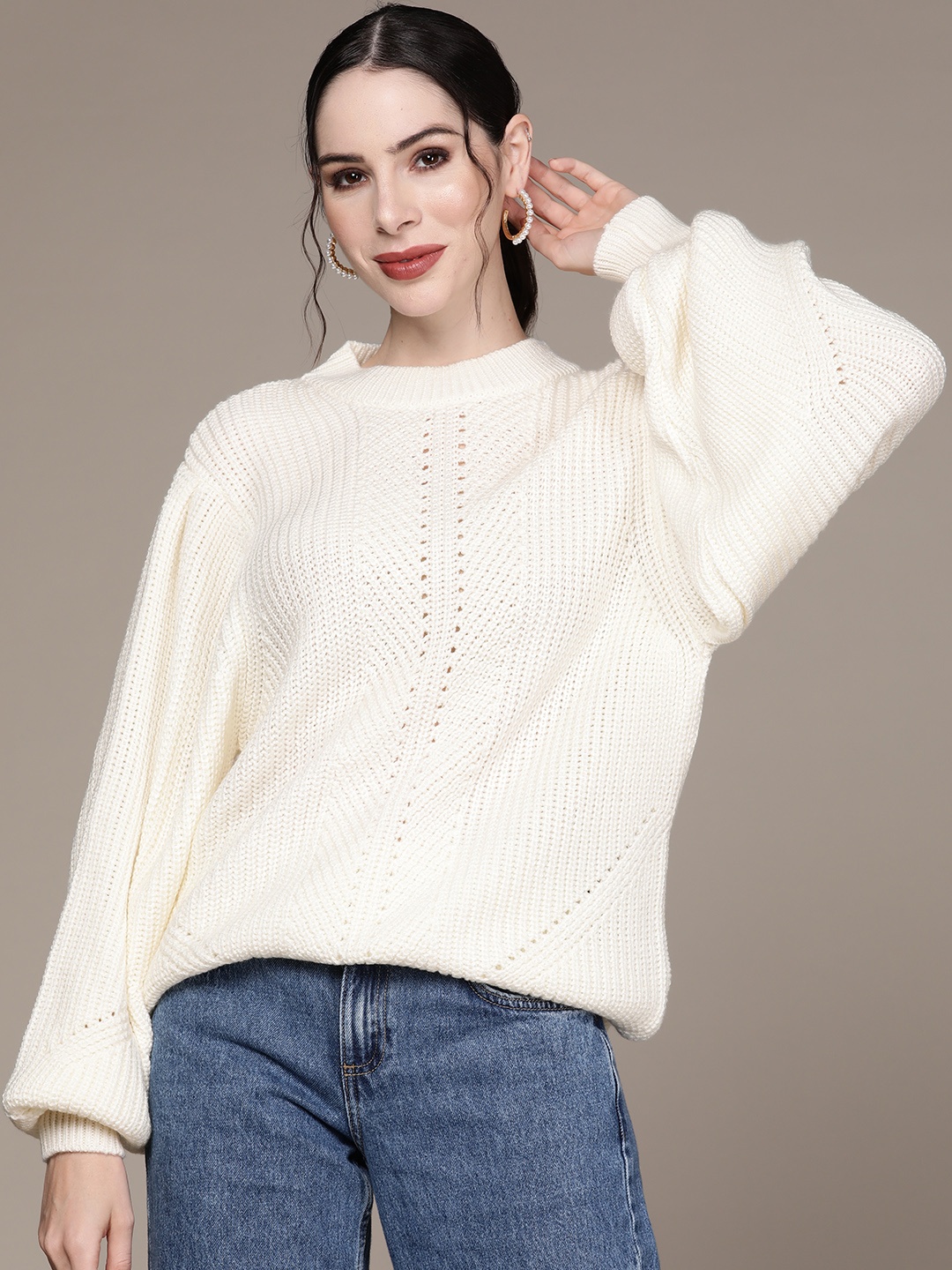 

aarke Ritu Kumar Women White Cable Knit Sweater