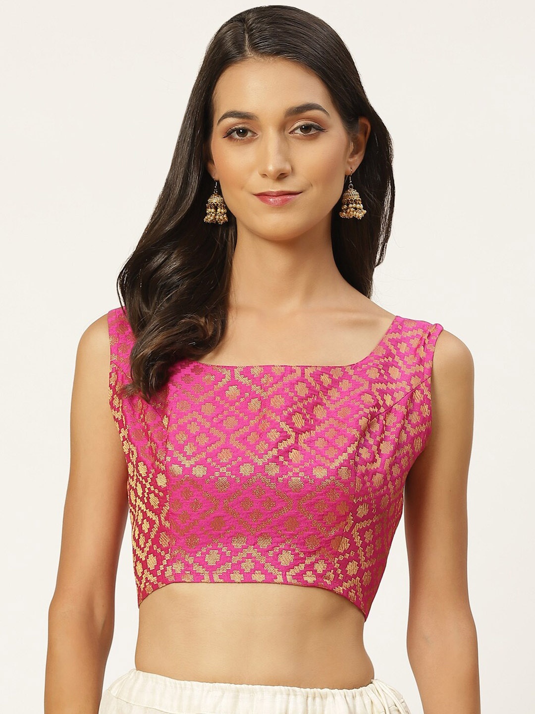 

Studio Shringaar Women Pink & Golden Woven-Design Brocade Saree Blouse