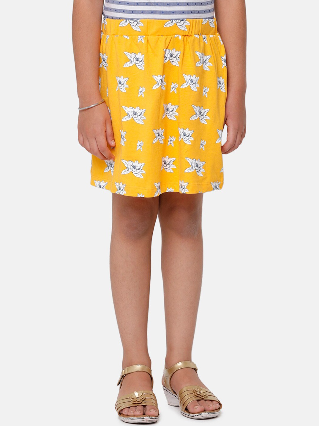 

De Moza Girls Yellow Floral Printed Pure Cotton Straight Skirts