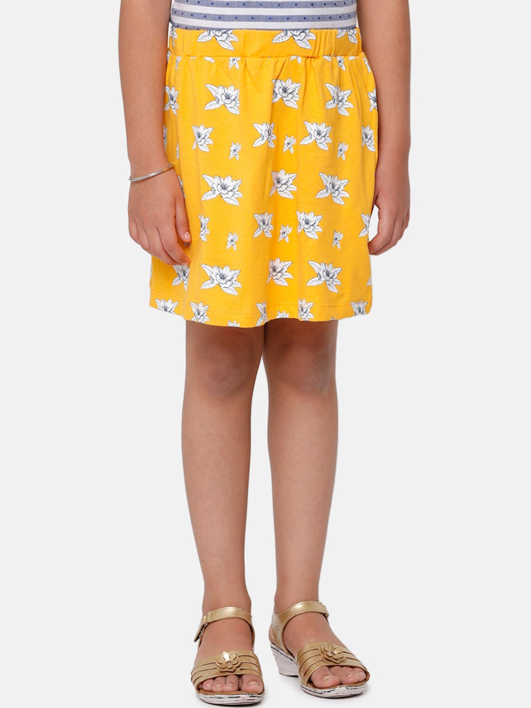 

De Moza Girls Yellow Floral Printed Straight Above Knee Pure Cotton Skirt