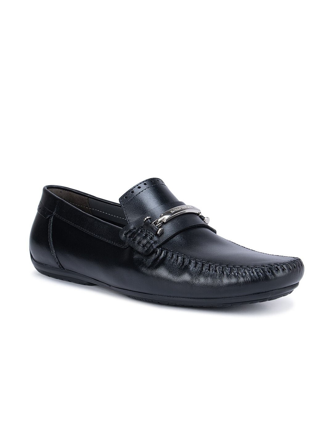 

ROSSO BRUNELLO Men Black Solid Leather Formal Slip-On Loafers