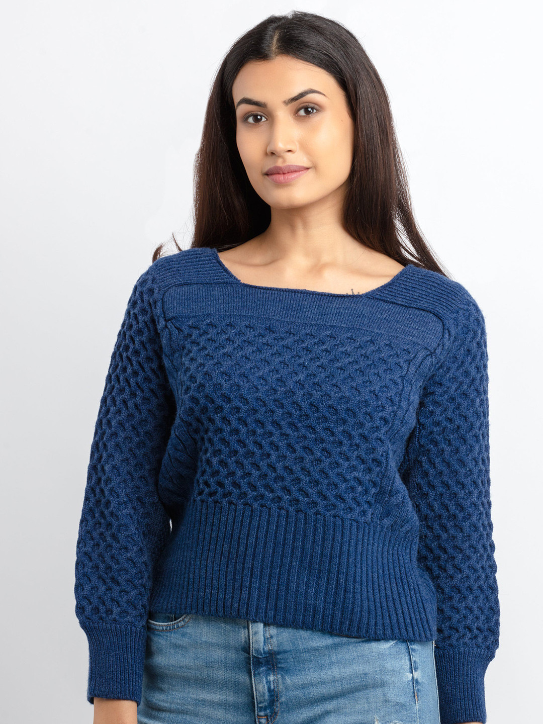 

Status Quo Women Blue Cable Knit Crop Pullover