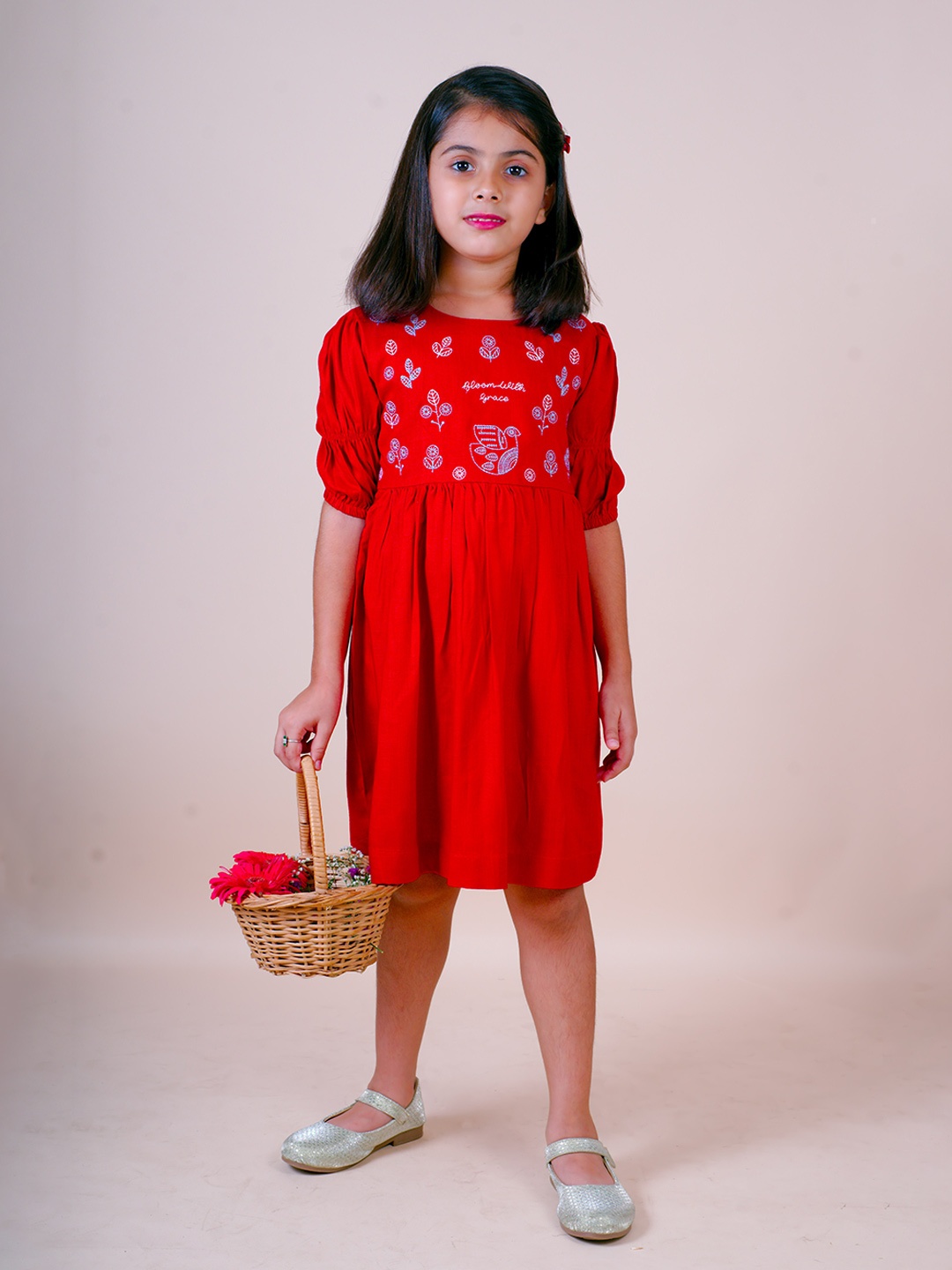 

Little Carrot Girls Red Floral Embroidered A-Line Dress