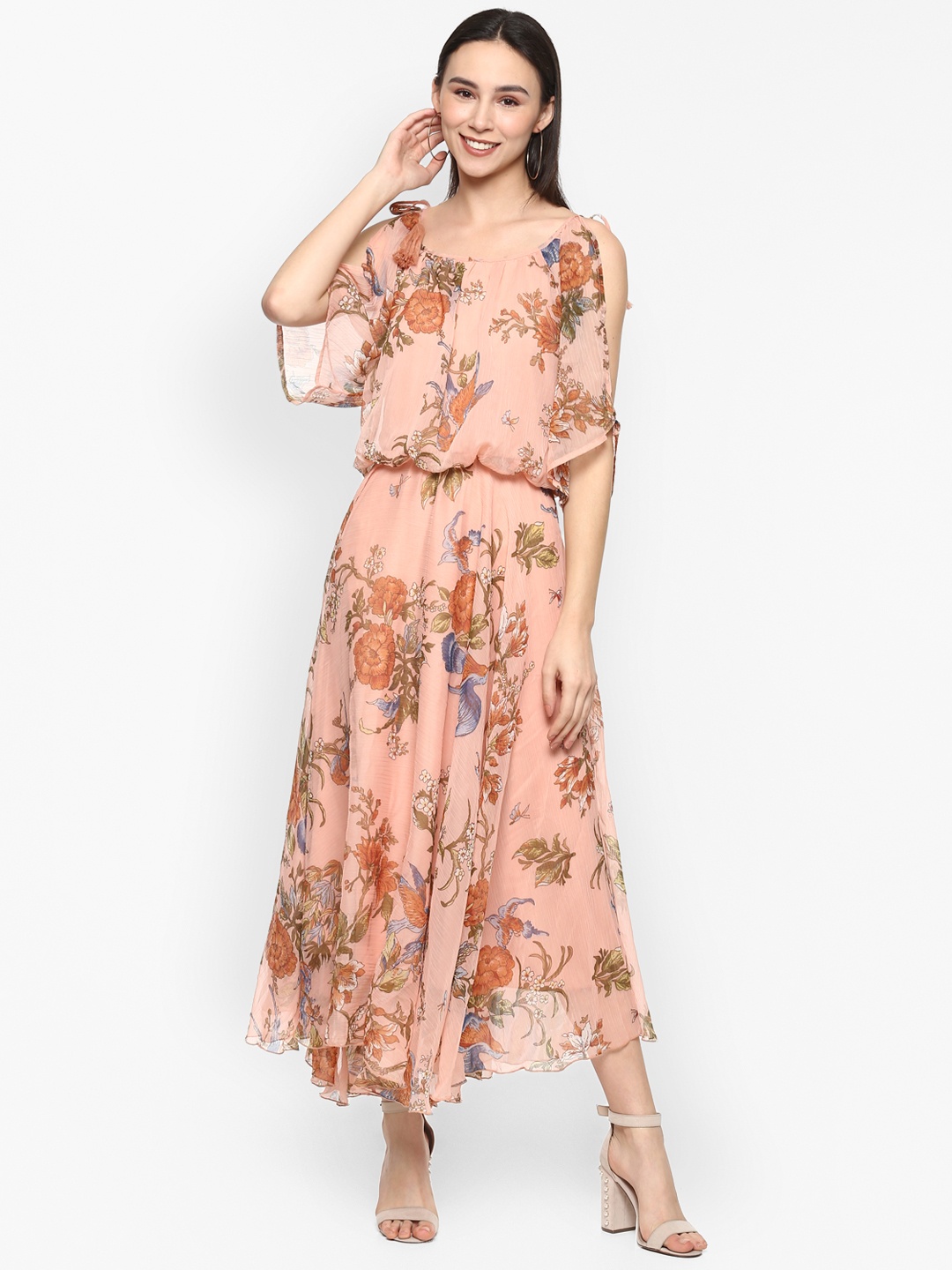 

Porsorte Women Peach-Coloured Floral Chiffon Maxi Dress