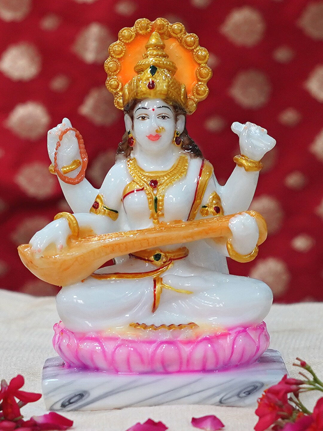 

Gallery99 White & Gold-Toned Saraswati Idol Marble Showpiece