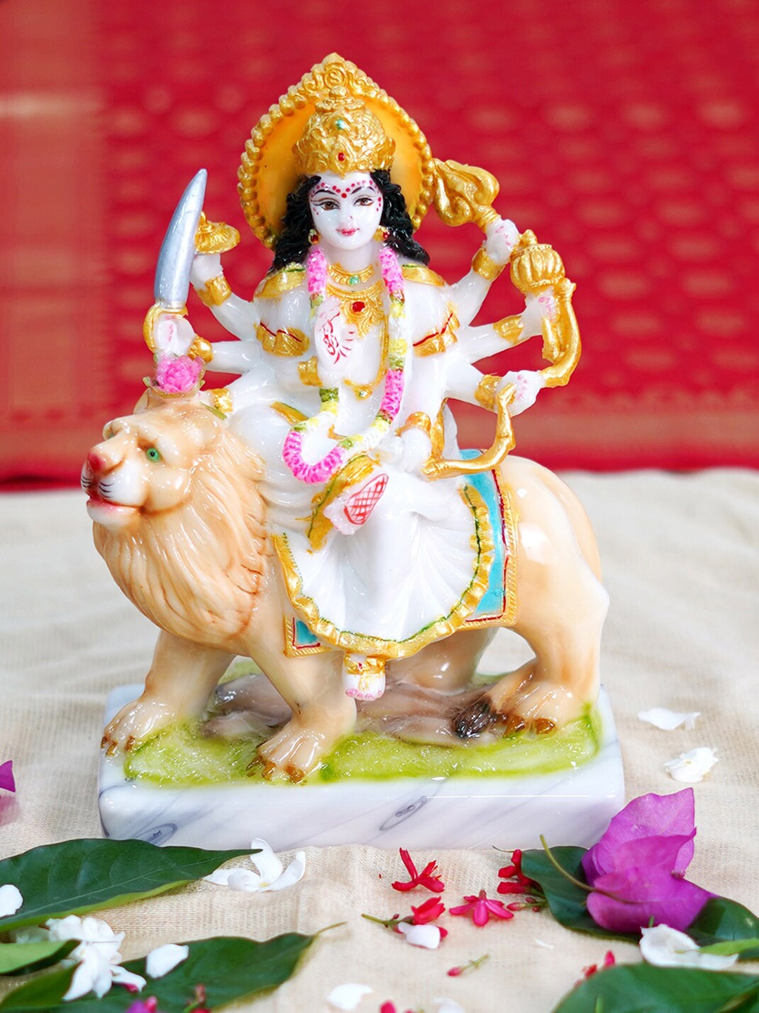 

Gallery99 White & Gold-Toned Sherawali Mata Idol Marble Showpiece