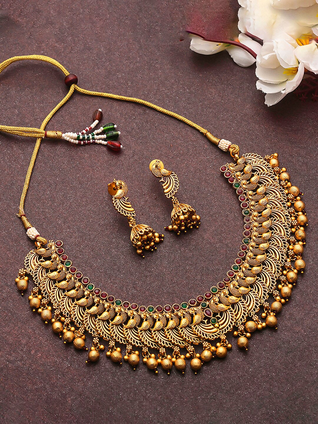 

Voylla Gold-Plated Maroon Pearl Studded Jewellery Set
